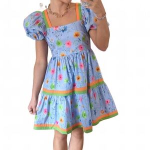 NWT Entro Chambray Floral Puff Sleeve Tiered Dress
